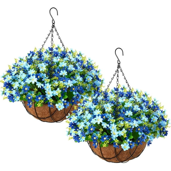 2 Pack Artificial Hanging Baskets with Flowers for Outdoors Fake Hanging Plants for Spring Summer Porch Home Decoration Artificial Daisy Flower Arrangement in Coconut Lining Baskets(Mix Color)