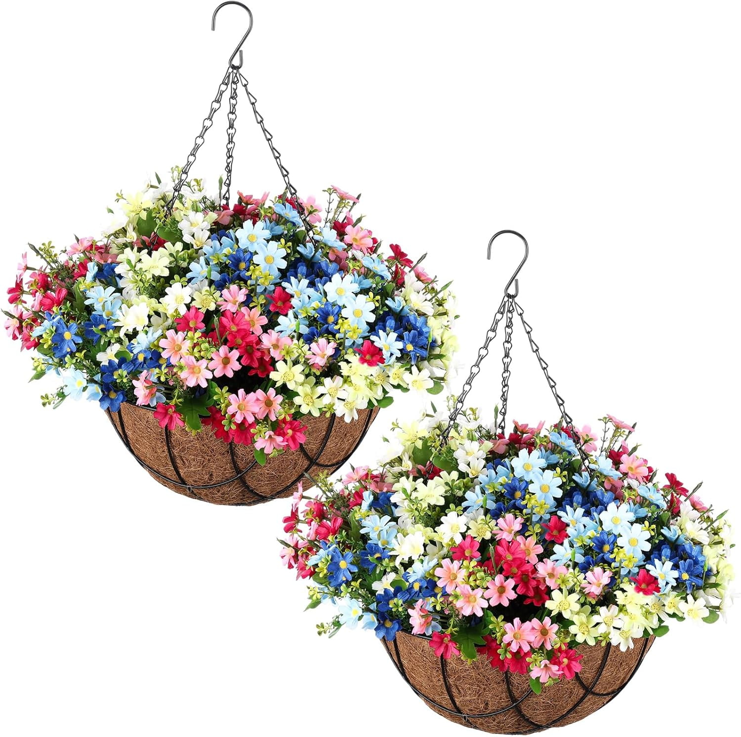 2 Pack Artificial Hanging Baskets with Flowers for Outdoors Fake Hanging Plants for Spring Summer Porch Home Decoration Artificial Daisy Flower Arrangement in Coconut Lining Baskets(Mix Color)