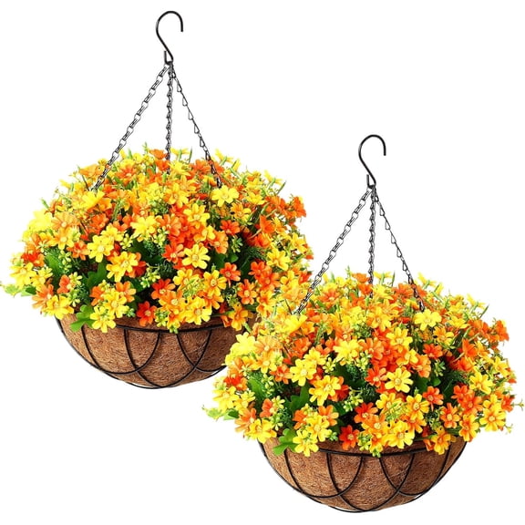 2 Pack Artificial Hanging Baskets with Flowers for Outdoors Fake Hanging Plants for Spring Summer Porch Home Decoration Artificial Daisy Flower Arrangement in Coconut Lining Baskets(Mix Color)