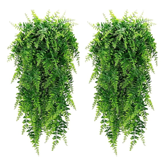 2 Pack Artificial Hanging Boston Ferns Plastic Plant UV Resistant Outdoor for Living Room, Kitchen, Balcony, Garden