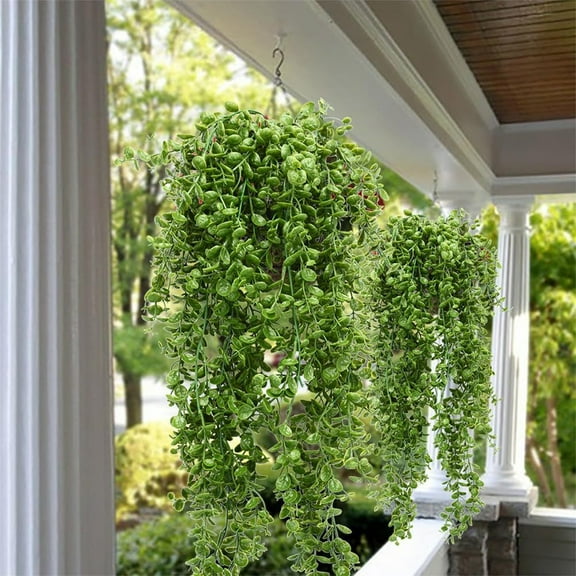 2 Pack Artificial Hanging Flowers Plants for Outdoor Decor 10 Inch Faux Silk Petunia Trailing Vines UV Resistant,Realistic Hanging Petunias Plants For Home Garden Decor(Green)