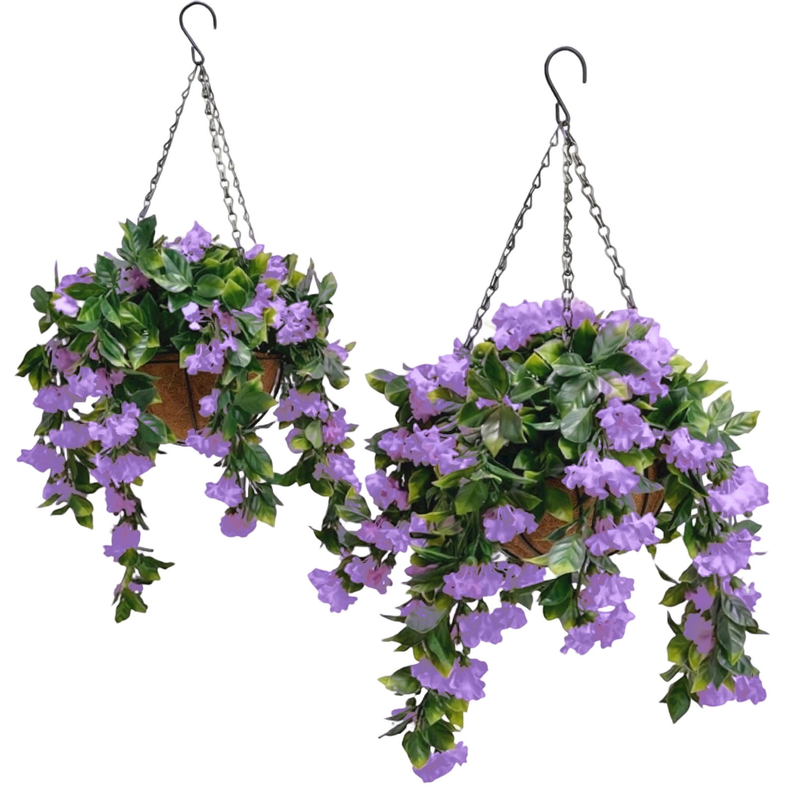2 Pack Artificial Hanging Flowers for Outdoors, Fake Violet with Hanging Basket, UV Resistant Faux Hanging Plants for Porch Patio Yard Decor