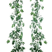 2 Pack Artificial Hanging Leaves Vines, 5.7 Ft Fake Willow Leaves Twigs Silk Plant Leaves Garland String in Green for Indoor/Outdoor Wedding Decor Party Supplies Greenery Crowns Wreath