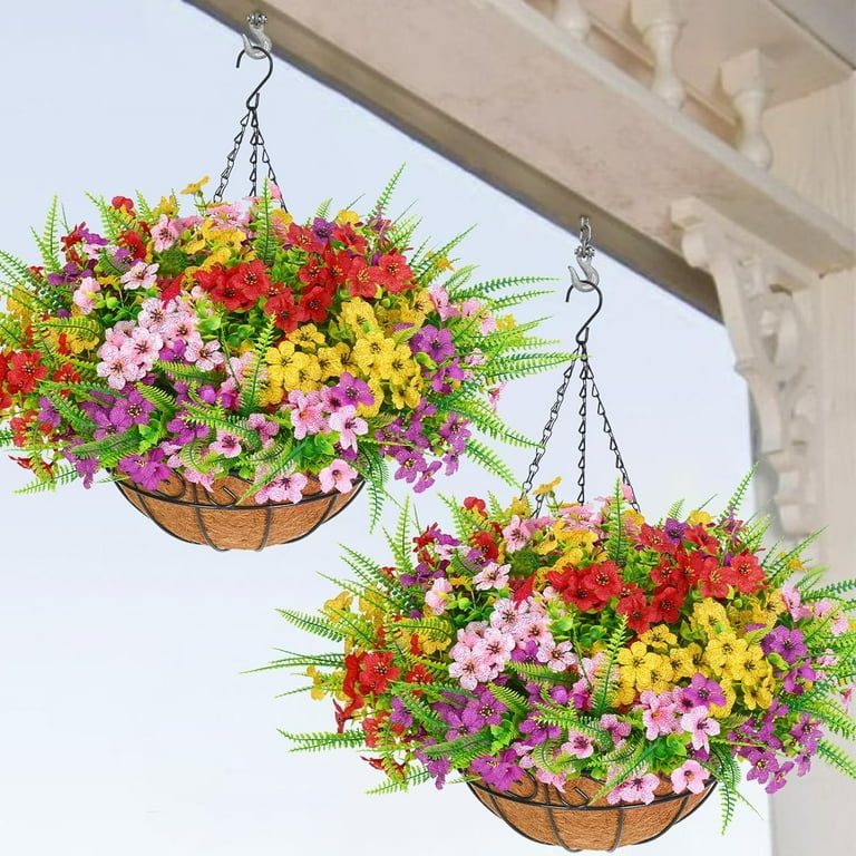 2 Pack Artificial Hanging Plants Outdoors Artificial Fake Hanging Baskets with Flowers UV Resistant Faux Hanging Plants Flowers for Outdoors Garden Mixed Color Walmart