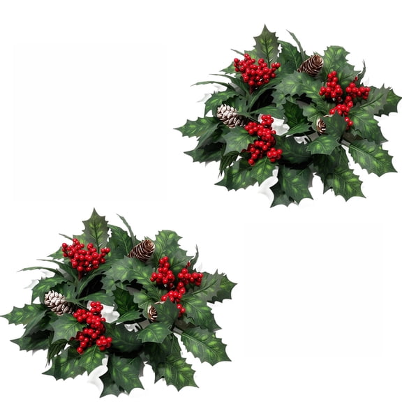 2 Pack Artificial Holly Candle Rings Wreaths, Mini Christmas Table Centerpiece Wreath with Red Berries & Pine Cones, Small Pillar Candle Holder Garland for Xmas Tabletop Mantel Christmas Decor