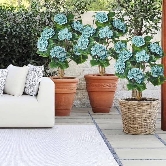 2 Pack Artificial Hydrangea Tree 3 FT Faux Hydrangea Flower  Resistant Realistic Floral Blooming Bush for Indoor Outdoor Wedding Front Door Porch Garden Backyard(Blue)