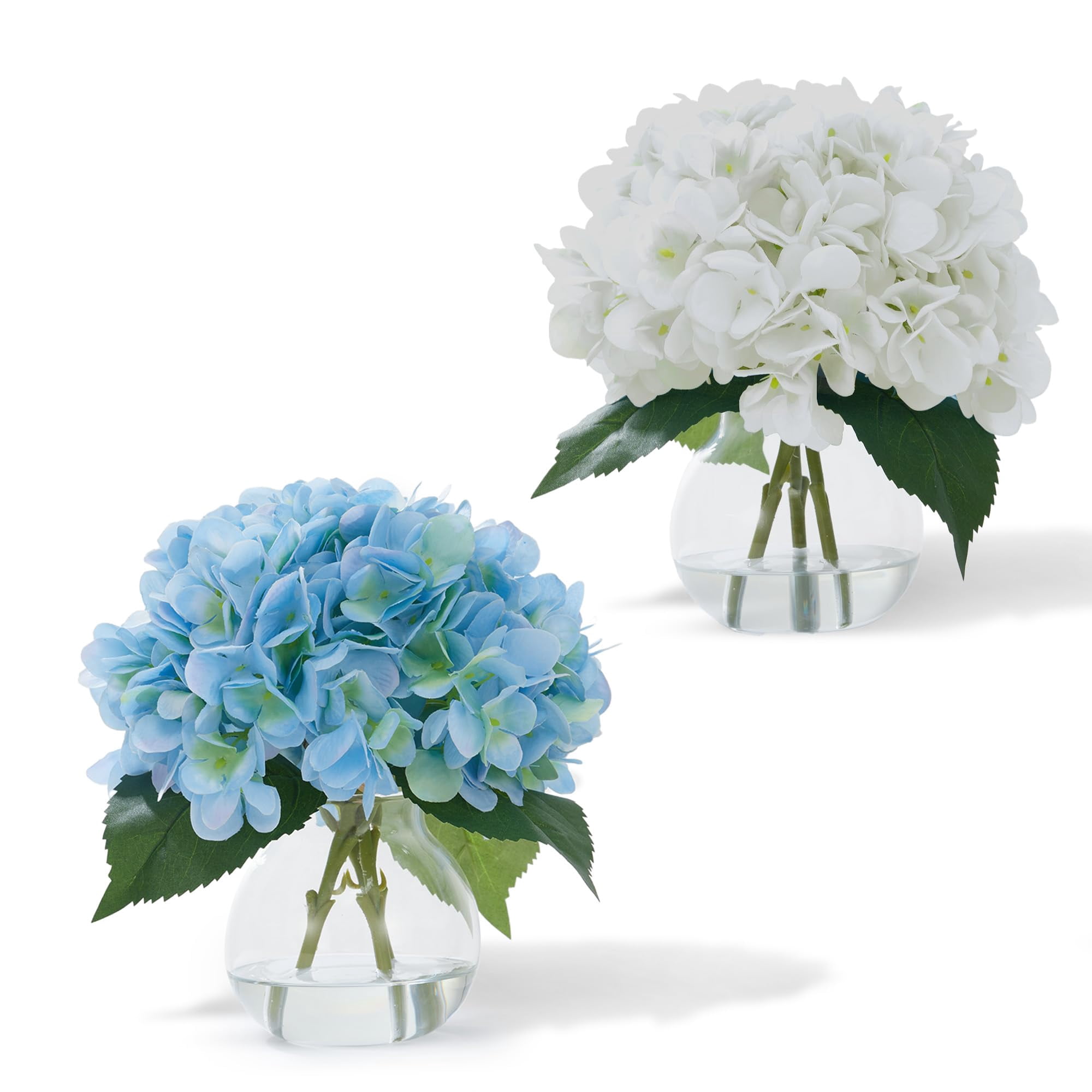 2-Pack Artificial Hydrangeas in Glass Vase with Faux Water - White & Blue Faux Flower Arrangement for Table Centerpiece, Home Office, Shelf & Bathroom Decor