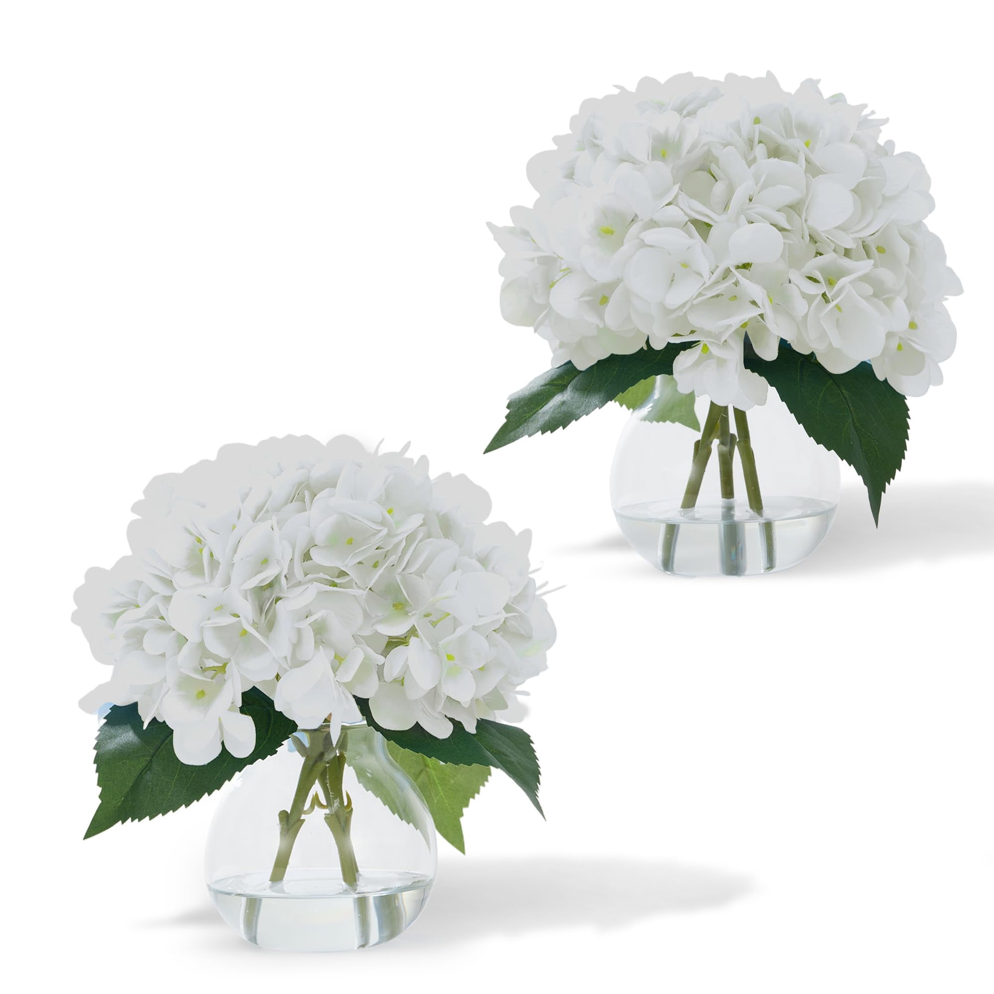 2-Pack Artificial Hydrangeas in Glass Vase with Faux Water - White Faux Flower Arrangement for Table Centerpiece, Home Office, Shelf & Bathroom Decor