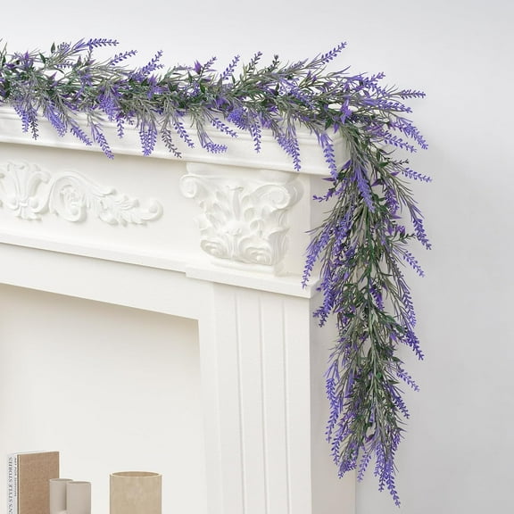 2 Pack Artificial Lavender Garland, 6Ft Purple Faux Flowers Garland for Wedding Decor, Farmhouse, Mantle, Arch, Porch, Stair, Table, Indoor Door, All Season Home Decoration