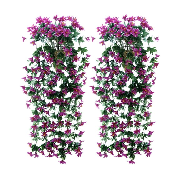 2-Pack Artificial Lily Rattan Wall Hanging Basket 11.81in Fake Flowers for Indoor/Outdoor Wedding Decor - UV-Resistant Plastic Floral Arrangements (Hot Pink)