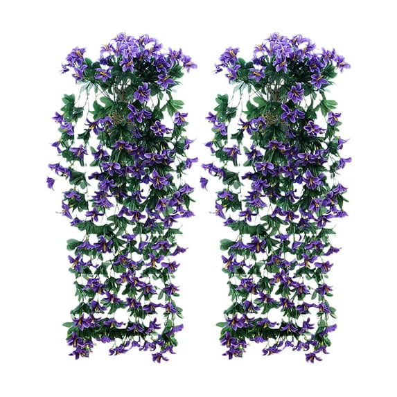 2-Pack Artificial Lily Rattan Wall Hanging Basket 11.81in Fake Flowers for Indoor/Outdoor Wedding Decor - UV-Resistant Plastic Floral Arrangements (Purple)