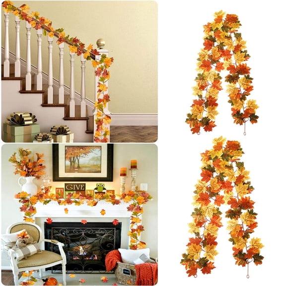 2 Pack Artificial Maple Leaf Garland, Autumn Foliage Vine Decor for Thanksgiving Home Wedding Fireplace Mantle, Decoration for Indoor Outdoor Table Tree and Party Events, 68.9 Inch