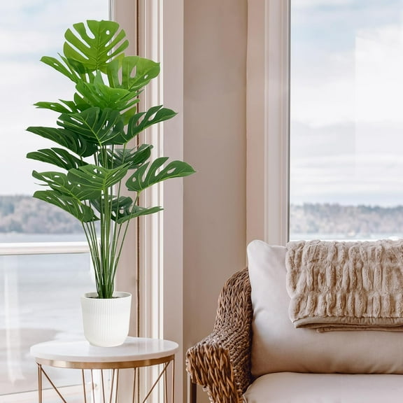 2 Pack Artificial Monstera Deliciosa Plants in Pots, 32 Inch Faux Tropical Floor Plants for Home, Office, Garden Decor