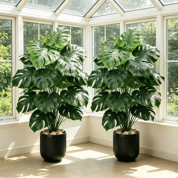 2 Pack Artificial Monstera Plant, Large Fake Tropical Monstera Deliciosa, Realistic Faux Floor Plant Stems for Living Room Bedroom Bathroom Balcony Indoor Outdoor Home Decor