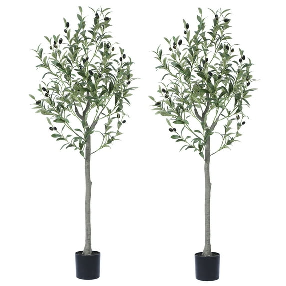 2 Pack Artificial Olive Plants, 4ft Fake Plastic Olive Tree, Pre Potted Faux Greenry Plant for Home Decor Office House Living Room Indoor Outdoor