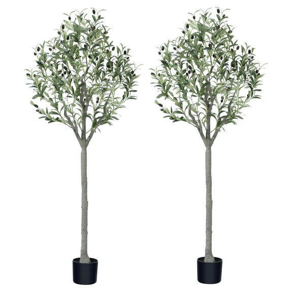 2 Pack Artificial Olive Plants, 5ft Fake Plastic Olive Tree, Pre Potted Faux Greenry Plant for Home Decor Office House Living Room Indoor Outdoor