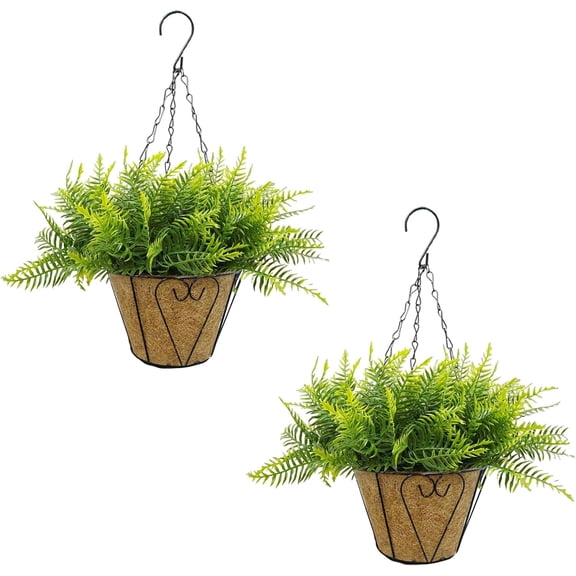2-Pack Artificial Outdoor Hanging Fern Faux with Basket, Fake Fern Outdoor Artificial Plants, Greenery UV Resistant Plastic Plants for Home, Garden,Porch, Balcony, Patio, Yard