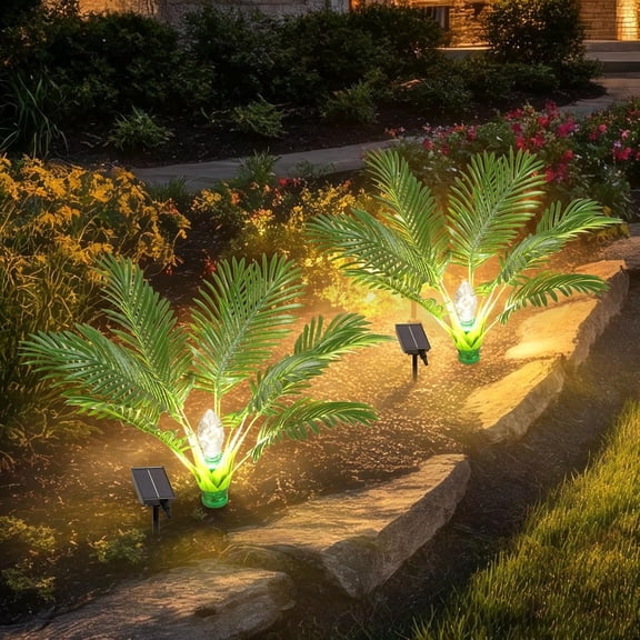 2 Pack Artificial  Outdoor with Solar Lights, 25" Prelit Palm Tree with Spike Pathway Light & 8 Lighting Modes, Realistic   for Yard Patio Garden Walkway Sidewalks Landscape Decoration