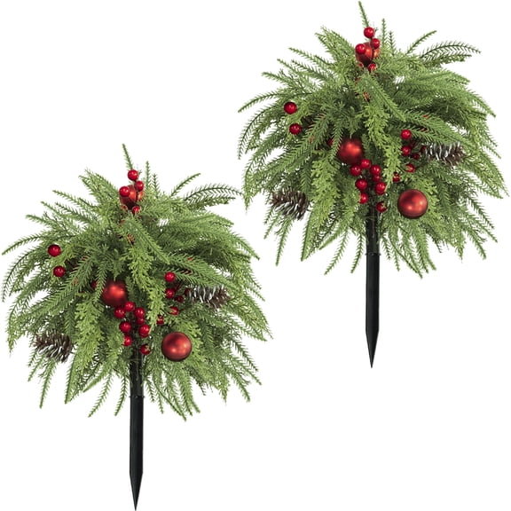 2 Pack Artificial Pine Christmas Tree Stake, 22 Inch Norfolk Pine Christmas Ground Stake Pick, Faux Evergreen Pine Sprig with Red Berries Shiny Ball Ornaments Pinecones, Waterproof Yard Lawn Decor