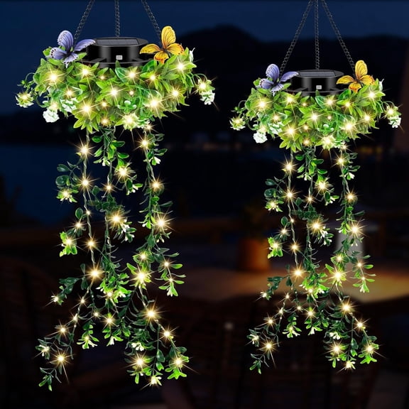 Solar Hanging Garden Lights, IP65 Waterproof Outdoor Hanging Artificial Plants Garden Lights with Artificial Ivy Flower Fairy String Lights for Patio Porch Balcony Spring Garden Decor (2PCS)