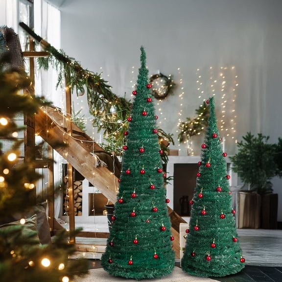2 Pack Artificial Pop Up Christmas Tree (6FT + 5FT) Pre-Decorated with Red Ball Ornaments Green Lifelike Xmas Tree for Home Office Store Holiday Decor - Easy Assembly