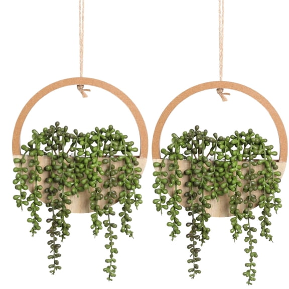 2-Pack Artificial Succulent Hanging Plants, 12.2-Inch Faux String of Pearls in Wood-Color Planter for Boho Wall Decor