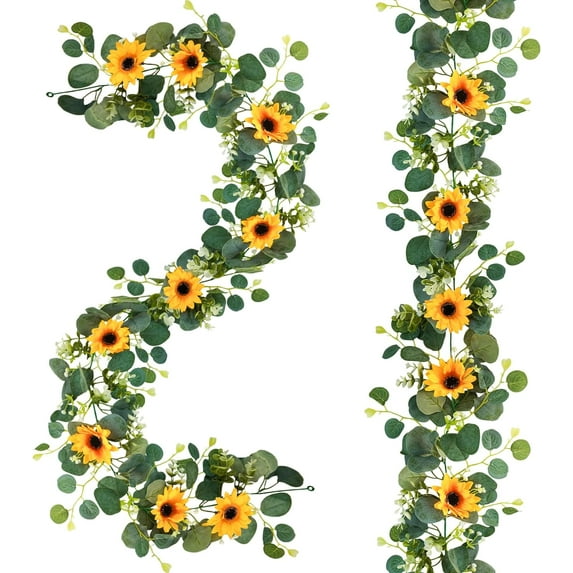 2 Pack Artificial Sunflower Garland, 6ft/Strand Silk Sunflowers Hanging Vines Flowers Garland with Green Leaves for Room Kitchen Garden Birthday Wedding Baby Shower Party Table Decor