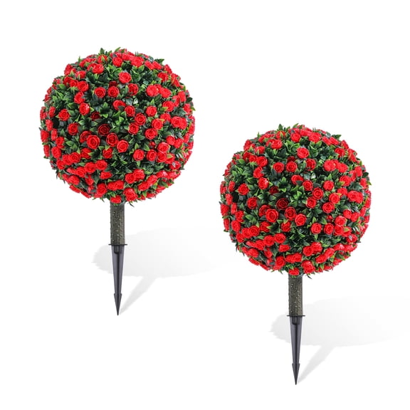 2 Pack Artificial Topiary Ball Trees with Red Roses, 21.65" Outdoor UV Resistant Faux Plants with Ground Spike for Patio Garden Front Door Decor