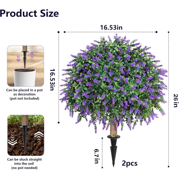 2 Pack Artificial Topiary Boxwood Ball Trees with Lavender Fake Plants for Outdoor Indoor Artificial Shrubs with Ground Spike Fake Bushes for Front Porch Garden ( Lavender)