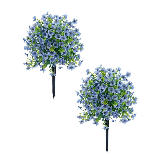 2 Pack Artificial Violet Topiary Ball Trees - 23.6" Boxwood & Flower Shrubs with Ground Spikes, Resistant for Indoor/Outdoor Porch, Garden & Office Decor (Sky Blue)