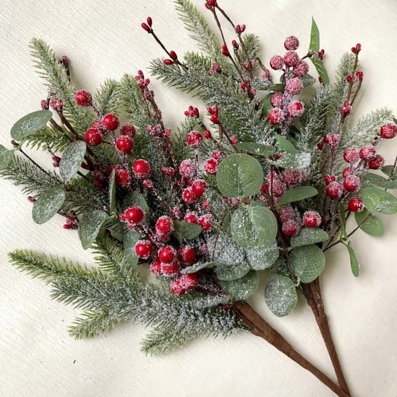 2 Pack Artificial Winter Christmas Flowers with Cedar Needles Red Berries