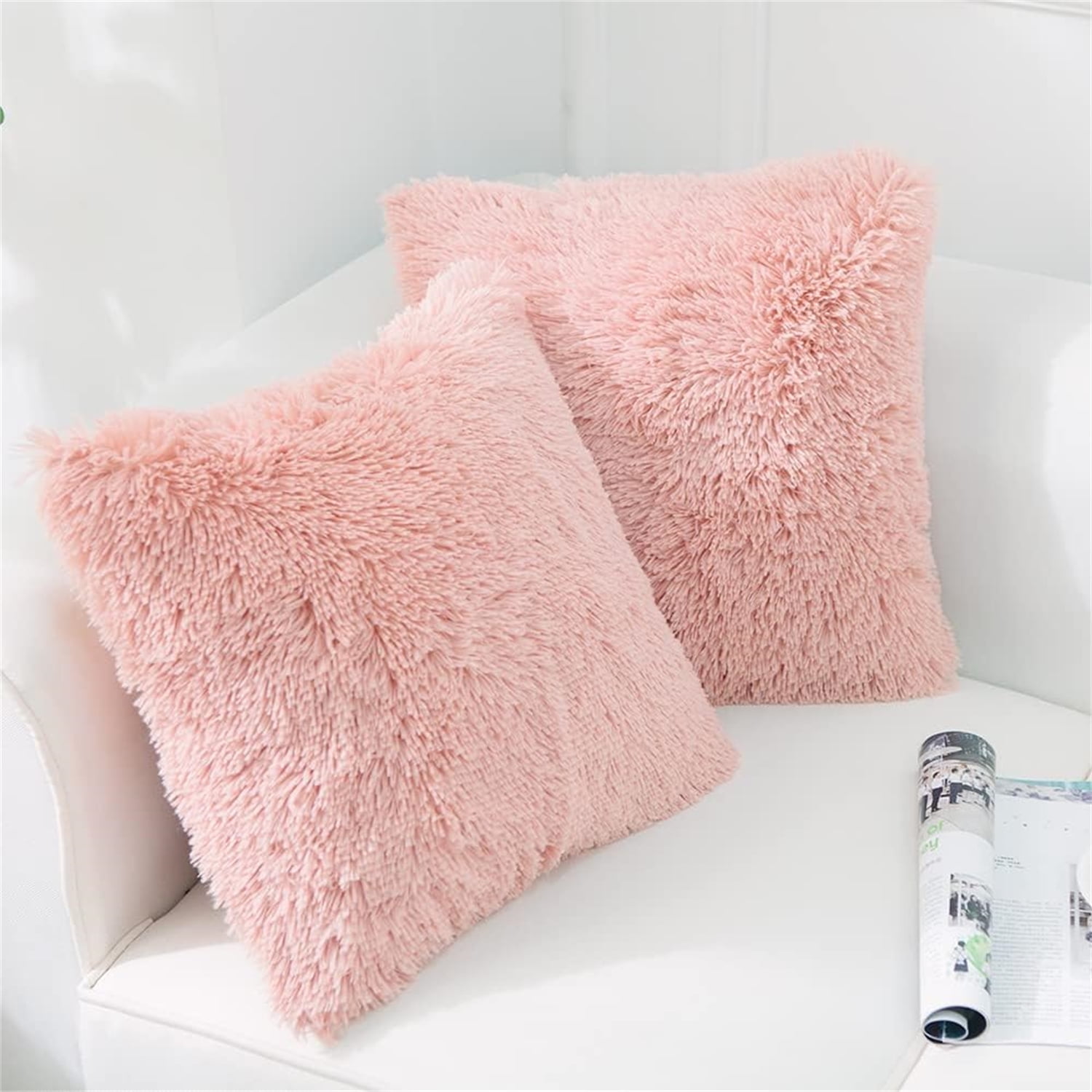 Set of 2 Pink Faux Fur Square Throw Pillows