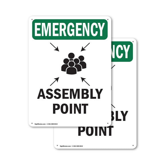 (2 Pack) Assembly Point With Symbol OSHA Emergency Sign 12 Inch X 18 Inch Plastic Sign, Weather Resistant, UV Protected for Workplace, Business, and Construction Site, Made in the USA