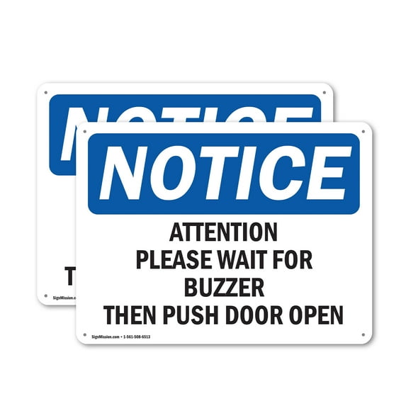 (2 Pack) Attention Please Wait For Buzzer Then Push OSHA Notice Sign 10 Inch X 7 Inch Indoor / Outdoor Rust-Free Aluminum Metal Signs for Workplace, Workshop, and Construction Site,