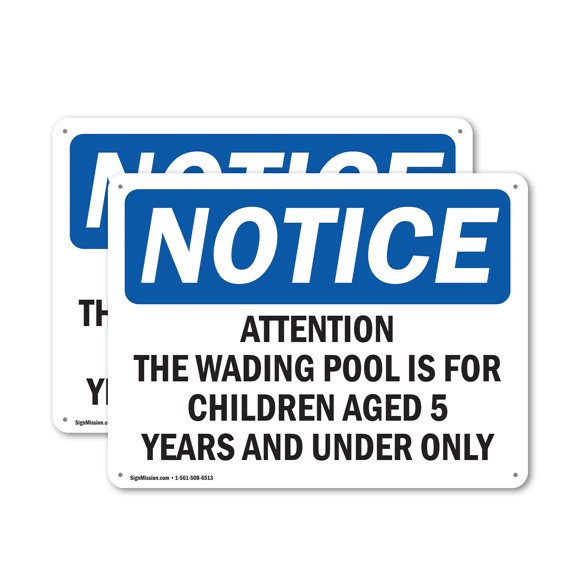 (2 Pack) Attention The Wading Pool Is For Children OSHA Notice Sign 24 Inch X 18 Inch Plastic Sign, Weather Resistant, UV Protected for Workplace, Business, and Construction Site, Made