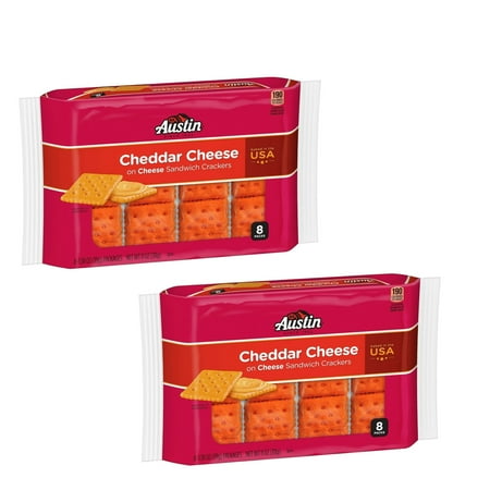 ( 2 Pack ) Austin Cheddar Cheese on Cheese Sandwich Crackers, Single Serve Snack Crackers, 8 Count