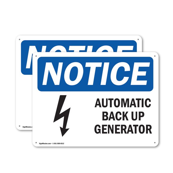 (2 Pack) Automatic Back Up Generator OSHA Notice Sign 18 Inch X 12 Inch Plastic Sign, Weather Resistant, UV Protected for Workplace, Business, and Construction Site, Made in the USA