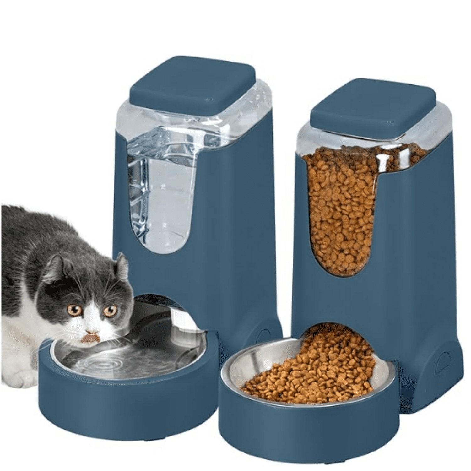 2 Pack Automatic Cat Feeder and Dog Food Feeder, Gravity Stainless Steel Water Dispenser and Waterer Set for Small Medium Puppy Kitten Pets (1 Gallon x 2, Navy Blue)