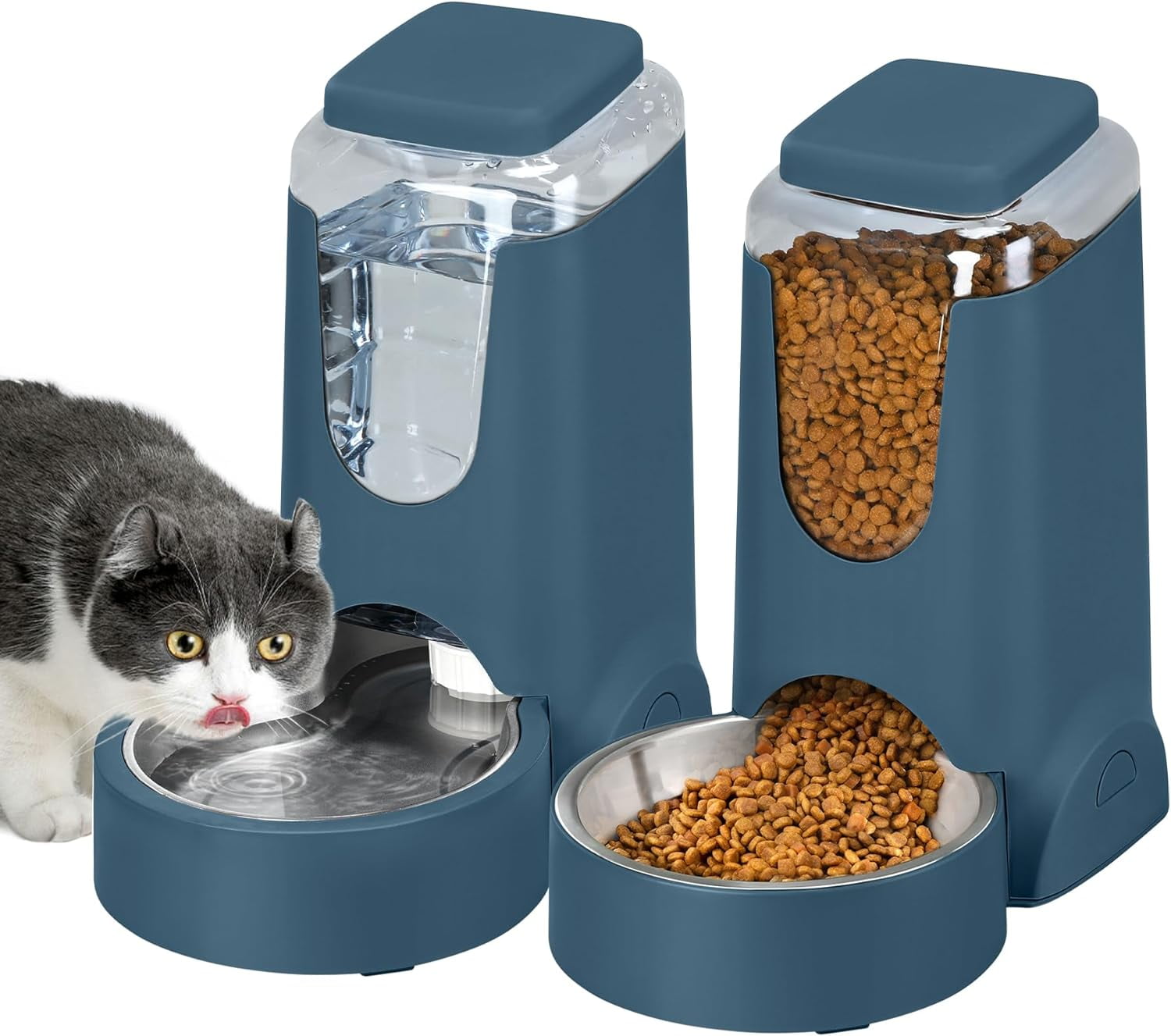 Navy Blue Automatic Cat and Dog Feeder Set with Stainless Steel Bowls