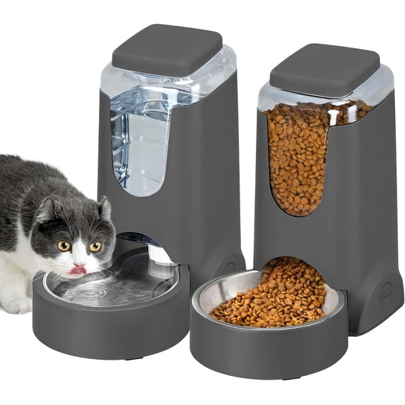2 Pack Automatic Cat Feeder and Gravity Stainless Steel Water Dispenser, Dog Food Feeder and Waterer Set for Small Medium Puppy Kitten Pets (1 Gallon x 2, Gray)