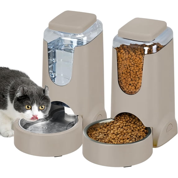 2 Pack Automatic Cat Feeder and Stainless Steel Water Dispenser, Gravity Dog Waterer Set Food Feeder and Waterer Set for Small Medium Kitten Puppy Pets(1 Gallon x 2, Brown)