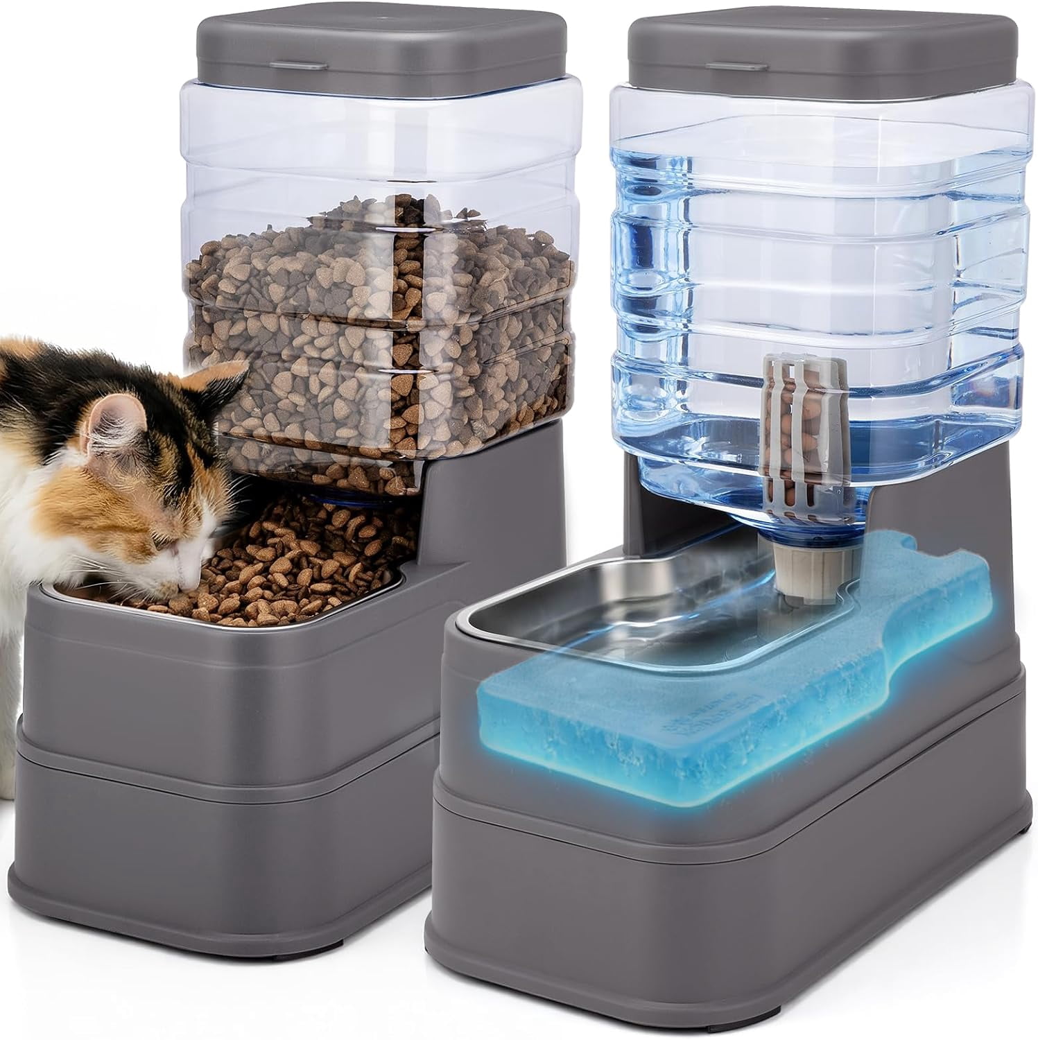 2 Pack Automatic Cat Feeder and Water Dispenser 1.3Gallon Dog Gravity Food Feeder and Water with Ice Pack Stainless Steel Dry Food and Waterer Bowl for Small Medium Large Pets (Grey)