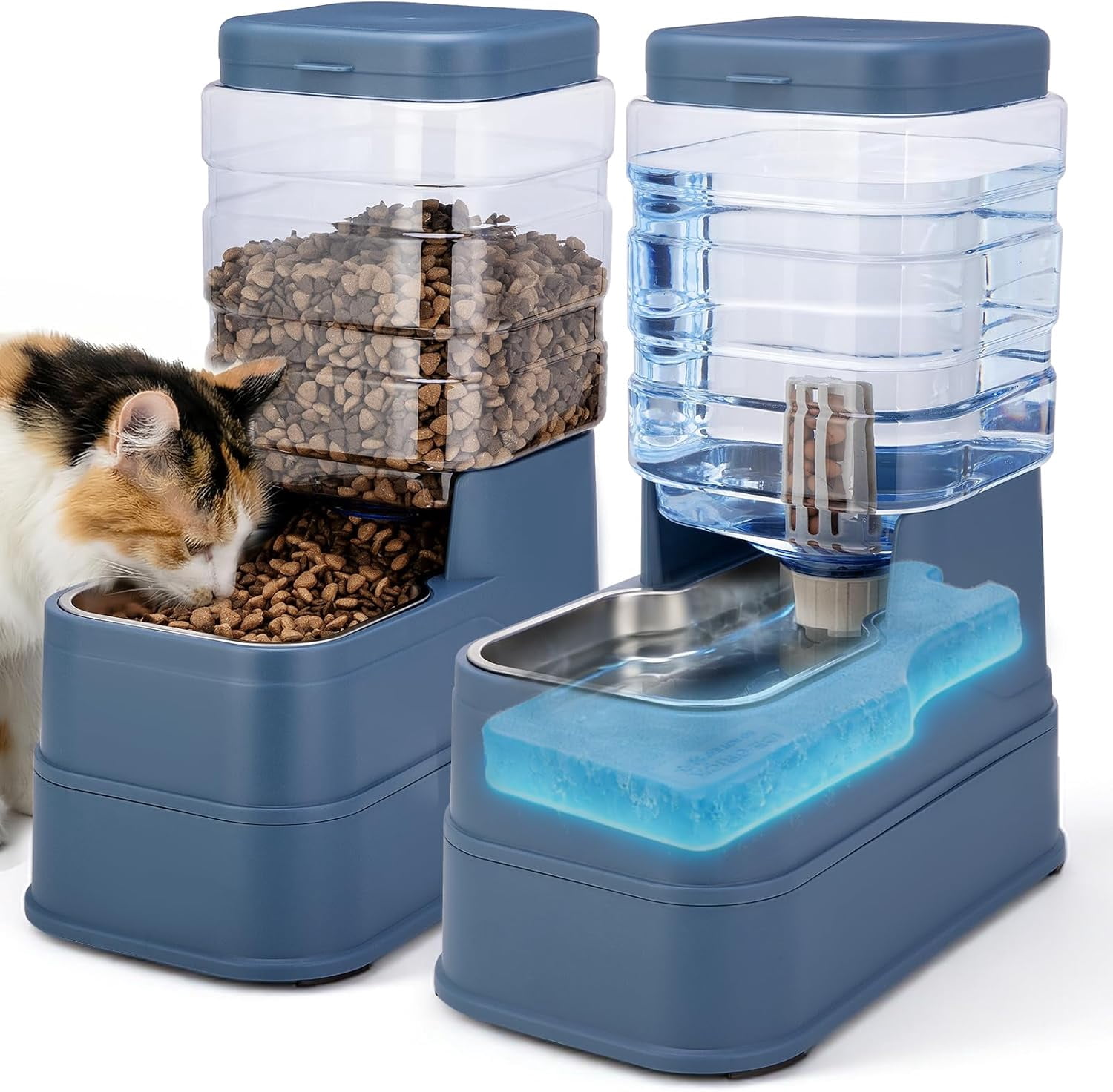 2 Pack Automatic Cat Feeder and Water Dispenser 1.3Gallon Dog Gravity Food Feeder and Water with Ice Pack Stainless Steel Dry Food and Waterer Bowl for Small Medium Large Pets (Blue)