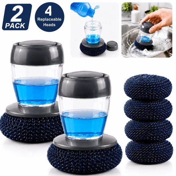 2-Pack Automatic Soap Dispenser Kitchen Brush Set with 4 Replaceable Heads Multi-Purpose Cleaning Brush for Pots, Pans, Dishes & Vegetables Push-Button Soap Dispensing