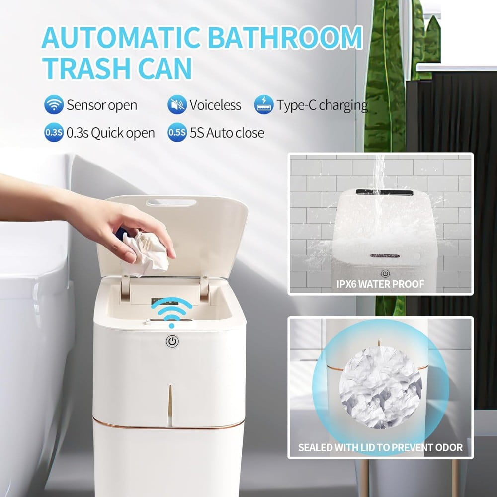 Aoibox 3 Pack Automatic Small Trash Can With Lid, Touchless Motion Sensor Garbage Bin, Slim Waterproof Wastebasket For Bathroom Bedroom Office Kitchen