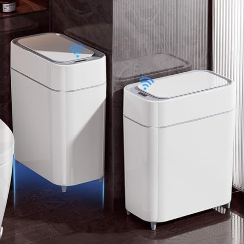 2 Pack Automatic Trash Can Bathroom, Touchless Garbage Can with Lid, Slim Motion Sensor  Plastic Trash Bins for Bedroom Office Toilet, 2.3 Gallon, White+Grey Trim