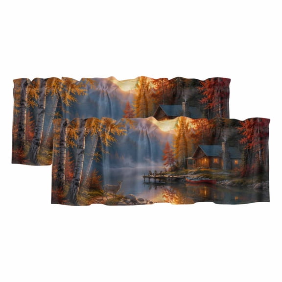 2 Pack Autumn Cabin Valance for Window Rustic Country Deer Lake Pine Tree Sunset Landscape Kitchen Valance Rod Pocket Short Curtain Topper Decorative Window Treatment for Living Room Bedroom 42"x12"