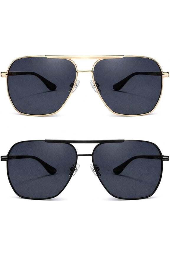 2 Pack Aviator Sunglasses for Men Women, Square Pilot Metal Frame Retro Fashion Shades for Driving