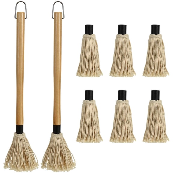 2 Pack BBQ Basting Mop with 6 Extra Replacement Heads, Grill Wooden Long Handle Perfect for Grilling Smoking Steak (18.2 Inch)