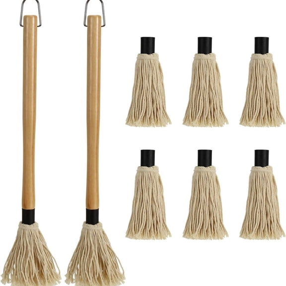 2 Pack BBQ Basting Mop with 6 Extra Replacement Heads, Grill Basting Mop Wooden Long Handle Perfect for BBQ Grilling Smoking Steak (18.2 Inch)